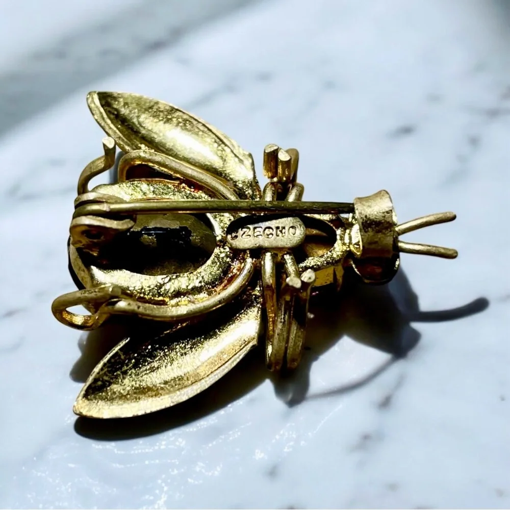 Czech Vintage Goldtone Pink & Blue Glass Insect Brooch w/Blue Eyes, C-Clasp - Picture 5 of 5